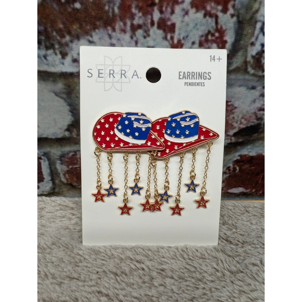 Serra Patriotic Cowboy Hat Star Dangle Earrings Red White Blue Enamel 717235-26